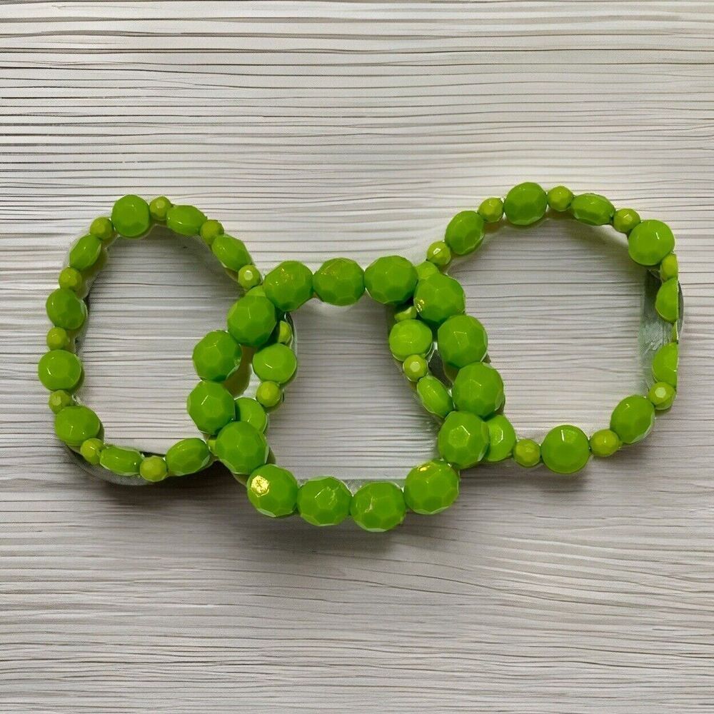 3-pc Vintage Chunky Faceted Lime-Green Plastic Stretch Beaded Bracelets